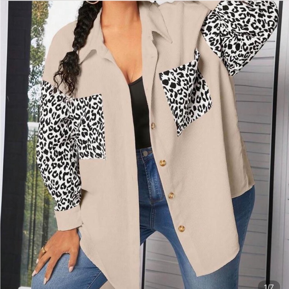 SHEIN Beige Button-Front Shacket with Black & White Leopard Panels